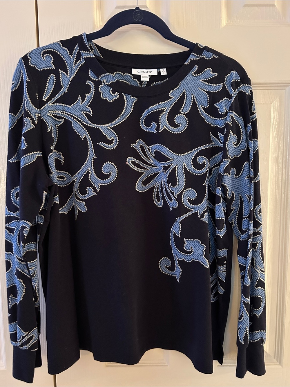 Chico's navy Long-Sleeve knit Top with Blue Floral Detail